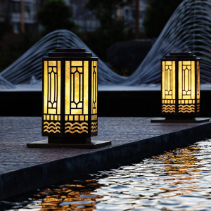 入口立柱灯示范区水景宫灯不锈钢拉丝庭院灯室外柱头灯新中式地灯