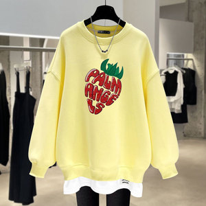 柠檬黄卫衣女加绒2023春秋冬新款水果图案圆领宽松薄款假两件上衣