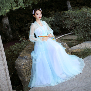 汉服女中国风古装超仙淡雅学生闺蜜女装飘逸薄纱性感束腰原创套装