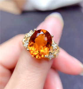 日韩新款招财天然黄水晶戒指纯银镶嵌豪华黄宝石转运女戒带证书