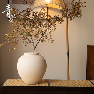 新中式现代简约素色陶瓷花瓶侘寂风复古插干花器客厅民宿多用陶罐