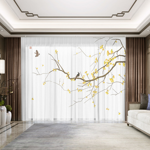 定制新中式窗帘布山水梨花花鸟纱帘客厅阳台古风茶室中国风禅意