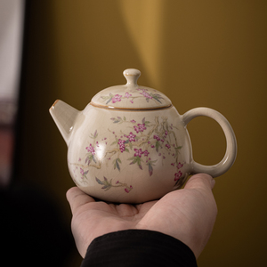米黄汝窑茶壶开片可养小号龙旦壶家用陶瓷茶具单壶泡茶器功夫套装