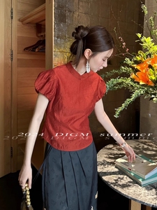 红色新中式女装夏季中国风泡泡袖小衫衬衫高级感别致绝美修身上衣