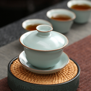 高档汝窑三才盖碗茶杯大号陶瓷家用茶道单个防烫手泡茶碗功夫茶具