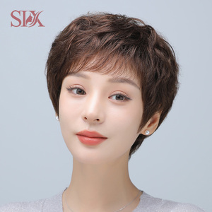 假发短发女妈妈款真发全头套女士中老年卷发全真人发自然发套头发