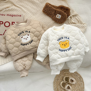 韩系婴幼儿夹棉套装2023秋冬季ins男女宝宝加绒加厚棉衣套装冬季
