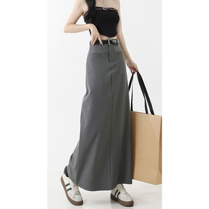 灰色西装半身裙女2024夏季新款美式高腰开叉直筒包臀半裙中长裙子