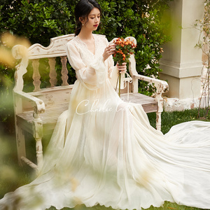 法式晨袍女新娘婚礼高级感长款拖尾睡衣春夏季结婚白色睡美人睡袍