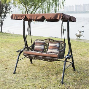 户外休闲双人冰咖啡秋千 庭院花园吊篮摇椅 铁艺藤编阳台成人吊椅
