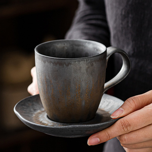 ENCAN粗陶咖啡杯日式水杯家用情侣对杯带把茶杯大号复古杯碟套组