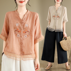 新中式国风刺绣棉麻短袖衬衫女士夏季妈妈洋气小衫七分袖唐装上衣