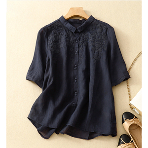 新中式黑色棉麻短袖衬衫女中年妈妈夏装高端亚麻苎麻洋气半袖上衣