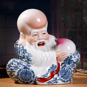 景德镇陶瓷器送长辈生日贺寿送礼青花人物立体老寿星献桃饰品摆件