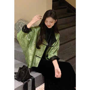 新中式唐装绿色短外套女春秋款欧货高级感中国风气质名媛开衫上衣