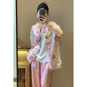 新中式女装粉色印花外套春夏国潮设计感小众复古盘扣立领唐装上衣