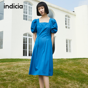 the indicia标记女装2022年夏季新款蓝色短袖连衣裙方领收腰长裙