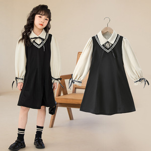 。女童连衣裙2024春装新款韩版时尚休闲女中大童拼色时装款假两件