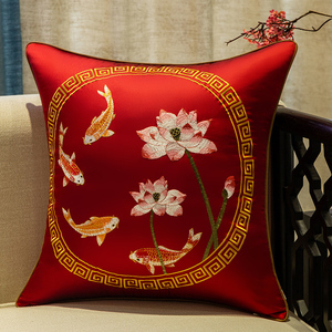 中式绣花抱枕古典刺绣荷花鱼沙发靠垫中国风客厅靠包正方形靠枕套