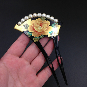 日本购日本京都和风小物扇形发簪发插仿珍珠手绘t花卉红漆发饰