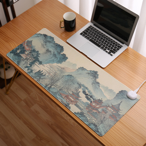 加热鼠标垫插电皮革防水办公室取暖桌面垫超大中国风山水桌垫暖手