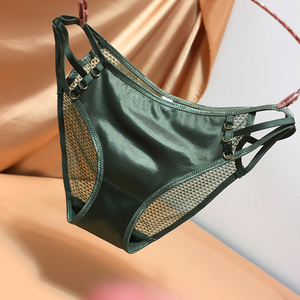 欧美风新款女士网纱镂空铁环装饰侧绑带内裤性感低腰撩人三角裤女