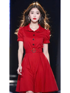 2024夏季新款法式小礼服高端精致气质收腰超好看红色衬衫连衣裙女