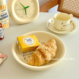 ins法文奶油复古陶瓷早餐盘奶黄色椭圆盘甜品盘咖啡杯碟餐具套装