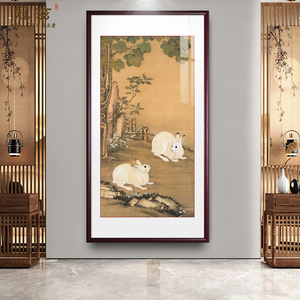 冷枚国画梧桐双兔图中式玄关装饰画竖版走廊过道挂画入户画字画
