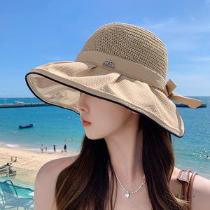 2024新款女士夏季渔夫帽大檐防紫外线沙滩帽子防晒遮阳出游太阳帽