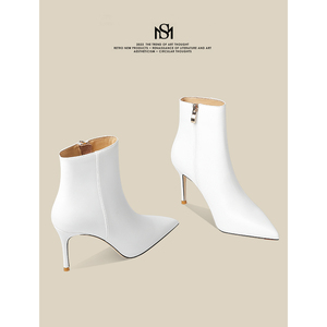 MESIRA/米诗拉2023新款白色短靴女侧拉链尖头时装靴时尚透气靴子