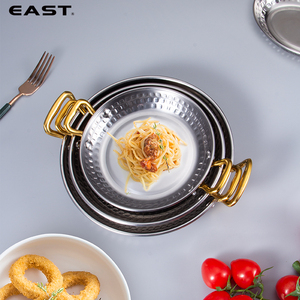 东方厨具 不锈钢锤印菜碟沙拉家用小吃碟商用双耳单柄意粉碟牛排