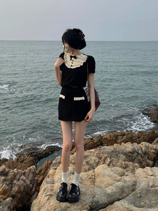 韩剧小香风蕾丝娃娃领连衣裙女夏季富家千金高级感小黑裙两件套装
