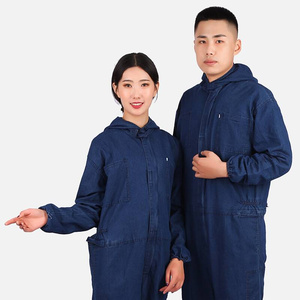 日本购薄款长袖v牛仔连体工体作服男女套装连服汽修喷漆工程服机