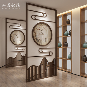 新中式实木屏风入户简约玄关装饰镂空隔断门厅禅意玄关格栅背景墙