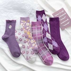 紫色袜子女中筒ins潮秋冬少女心长袜韩版日系可爱格子花边长筒袜1