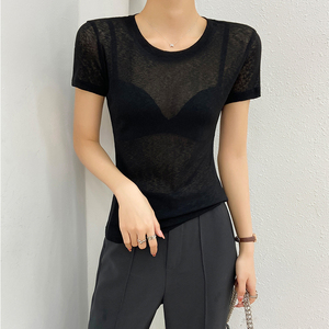 冰丝短袖t恤女夏季2024新款黑色打底衫透明网纱上衣高端超薄面膜
