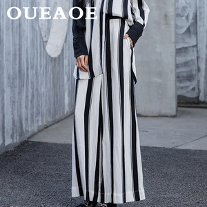欧e专柜正品女装2021春装新款黑白条纹阔腿裤欧美风宽松显瘦裤子