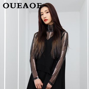 欧e专柜正品黑白风格潮牌女装2021春装新款印花网纱打底衫长袖t恤