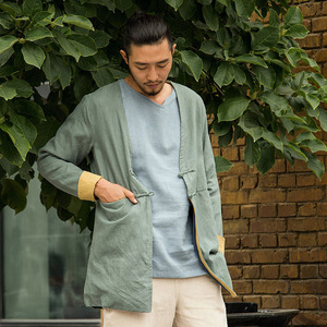 春秋季男装麻两扣外套盘扣中国风唐装纯色麻休闲文艺青年上衣