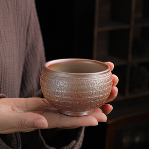 柴烧主人杯铁胎爆裂杯复古纯手工单杯粗陶茶杯自然落灰窑变茶盏