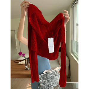 红色短款针织开衫女夏季薄款外搭冰丝空调衫防晒外套坎肩披肩上衣