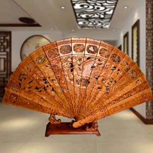 定制 桃木扇子木质折扇 百鸟朝凤工艺扇实木雕刻摆扇工艺品