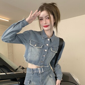 不规则长袖牛仔外套女设计感小众春秋季短款高腰露脐别致百搭上衣