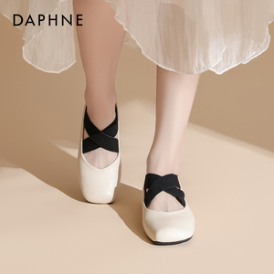 达芙妮芭蕾舞鞋女2024新款夏季浅口交叉绑带方头单鞋粗跟玛丽珍鞋