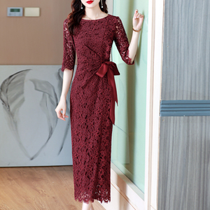 酒红色蕾丝连衣裙女夏装新款喜婆婆婚宴礼服高贵妈妈修身气质长裙