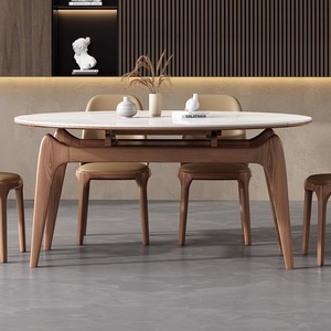 岩板伸缩餐桌椅组合现代简约家用小户型多功能实木方变圆折叠餐桌