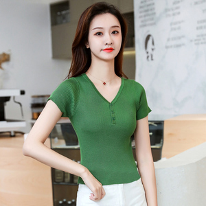 韩版V领针织上衣女短装短袖薄款2024年夏季小个子修身气质冰丝t恤