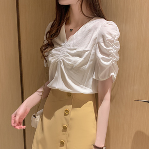 2020夏装新款v领抽褶短袖套头衬衫泡泡袖气质衬衫女上衣卫衣夏