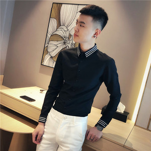 发型师白色衬衫男长袖韩版修身帅气休闲寸衫潮流社会人小伙上衣服